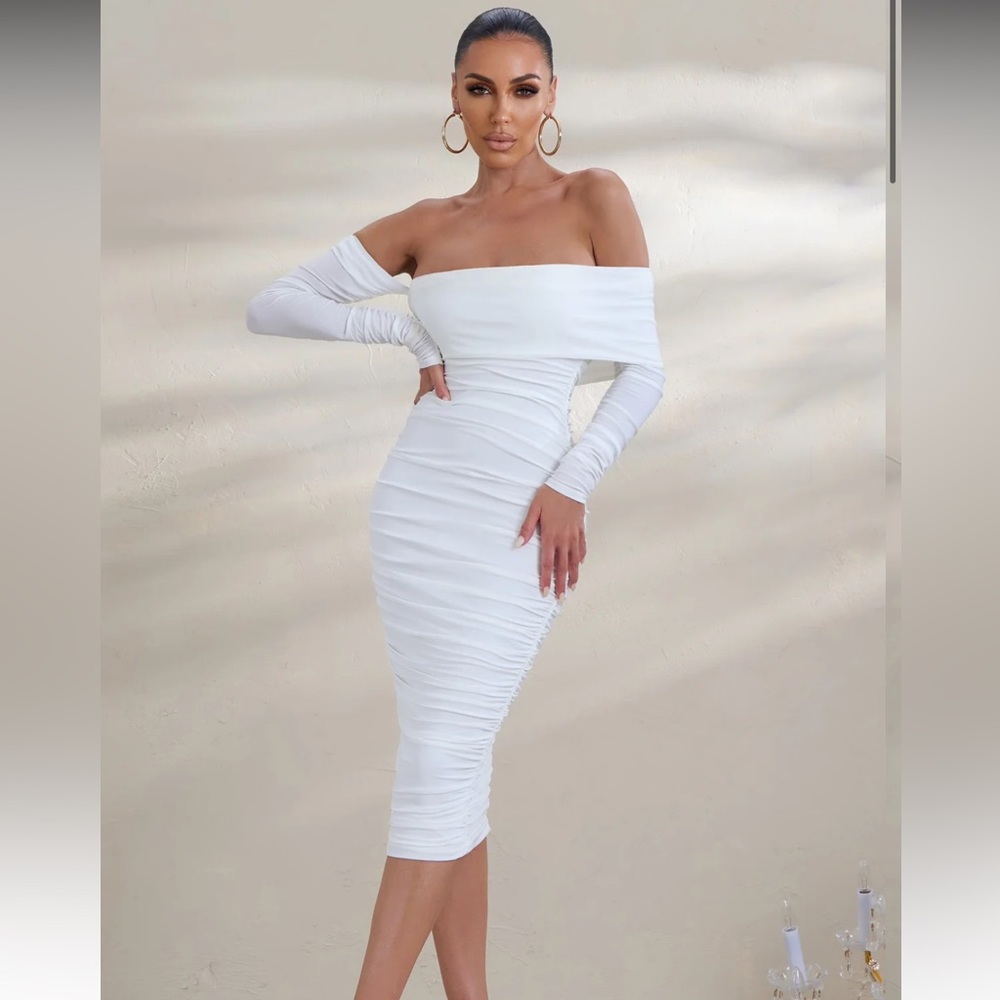 CLUB LONDON “RIGA” WHITE BARDOT RUCHED MIDI DRESS WITH LONG SLEEVES